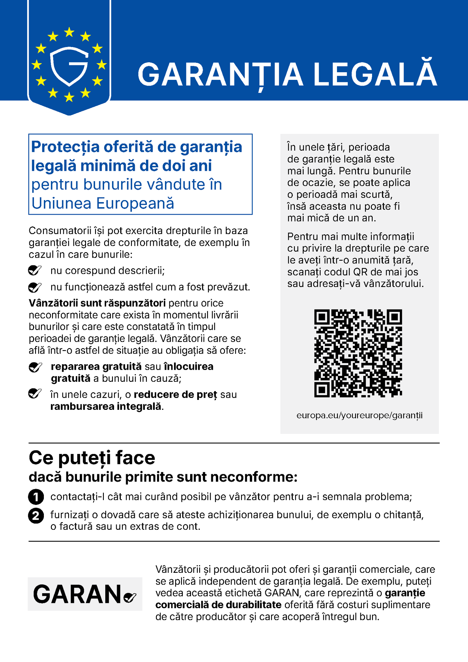 Notificarea oficială privind garanția legală de conformitate